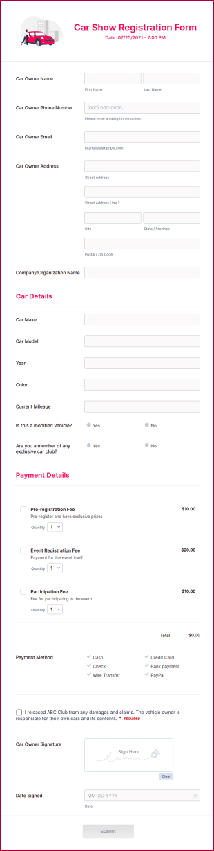Car Show Registration Form Template