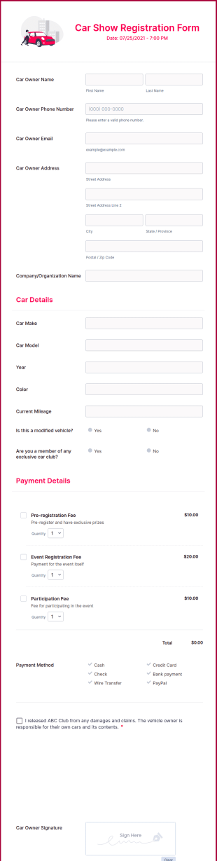 Car Show Registration Form Template