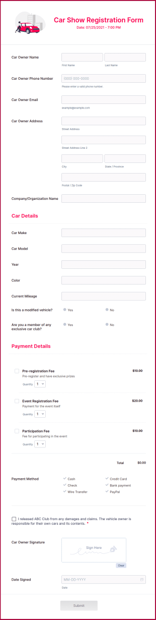 Car Show Registration Form Template