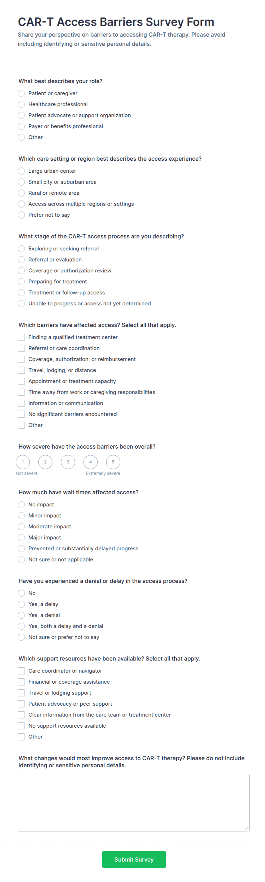 Ms Access From CAR-T Access Barriers Survey Form Template | Jotform