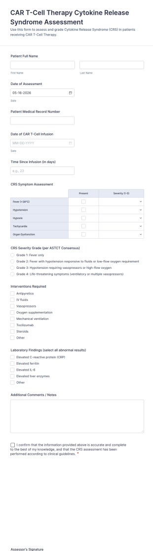 CAR T Cell Therapy Cytokine Release Syndrome Assessment Form Template