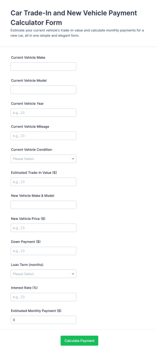 Car Trade In And New Vehicle Payment Calculator Form Template