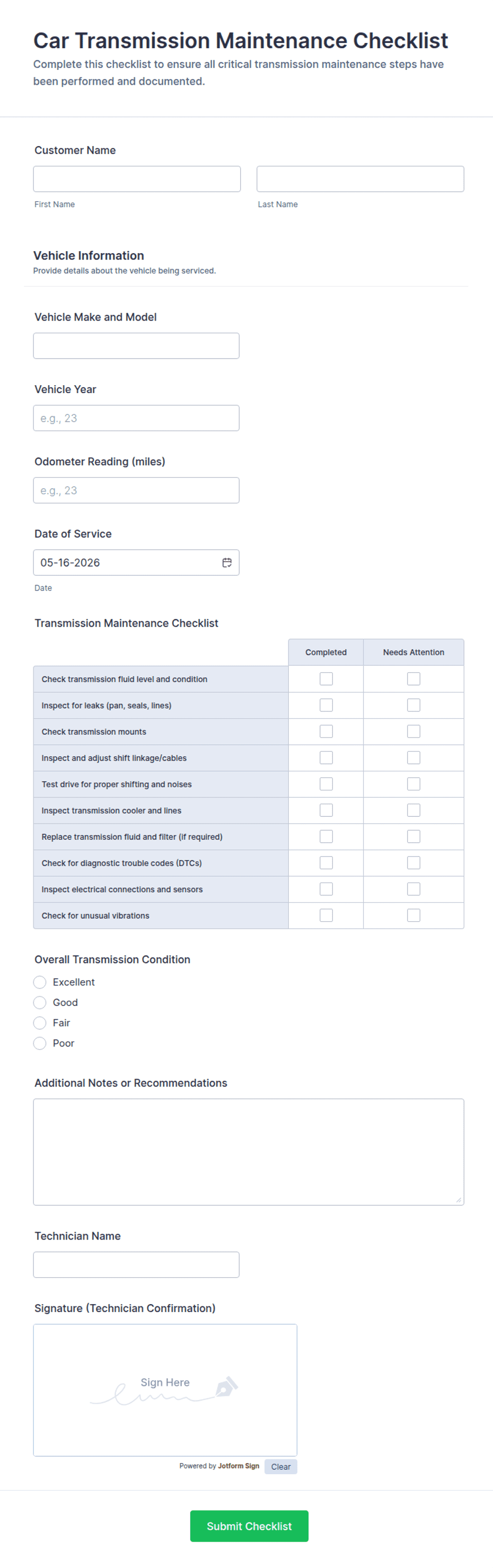 Car Transmission Maintenance Checklist Form Template | Jotform