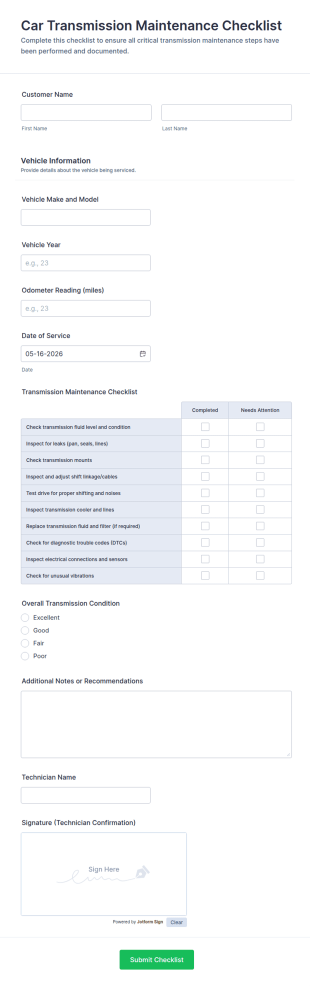 Car Transmission Maintenance Checklist Form Template