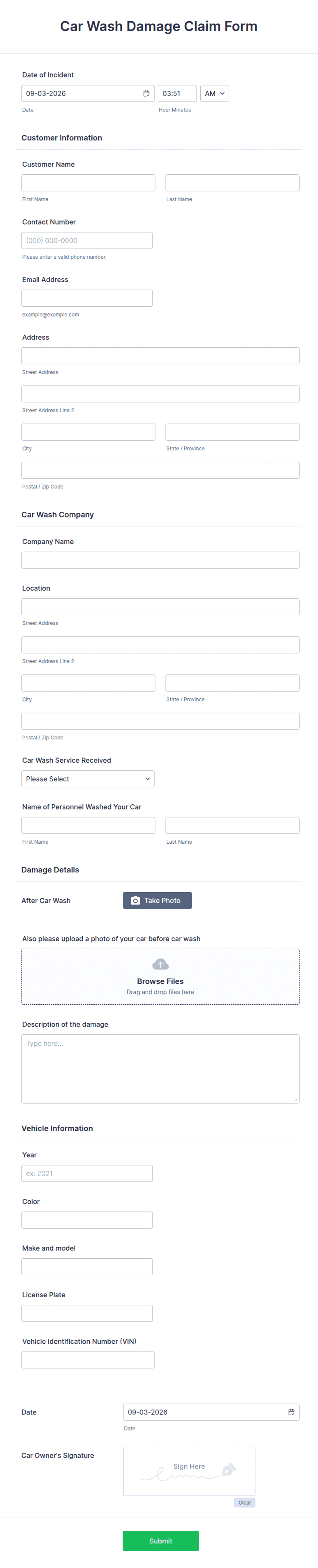 Car Wash Damage Claim Form Template | Jotform
