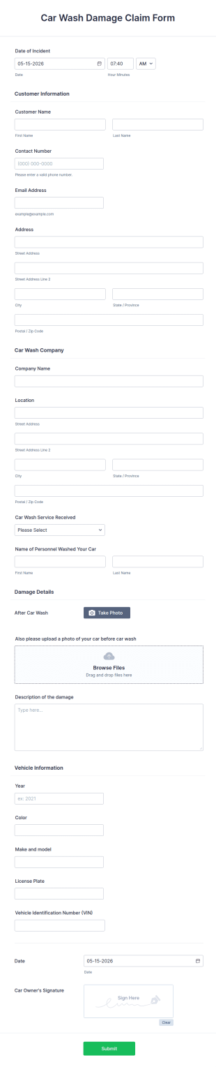 Car Wash Damage Claim Form Template