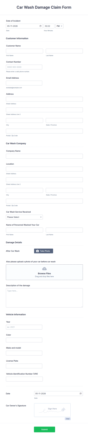 Car Wash Damage Claim Form Template