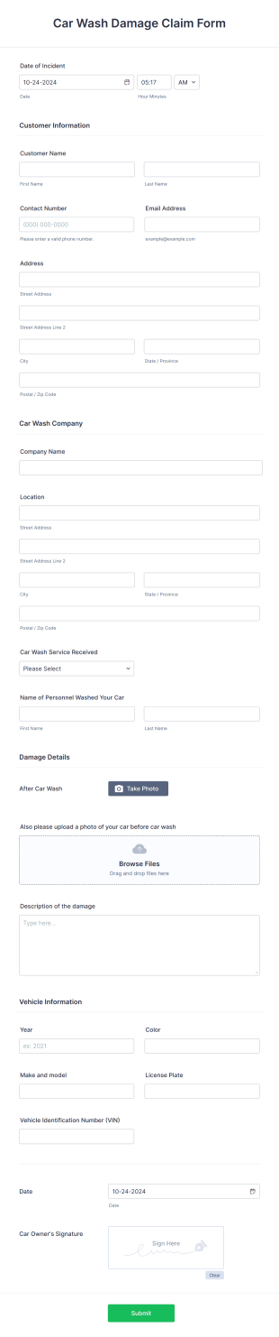 Car Wash Damage Claim Form Template