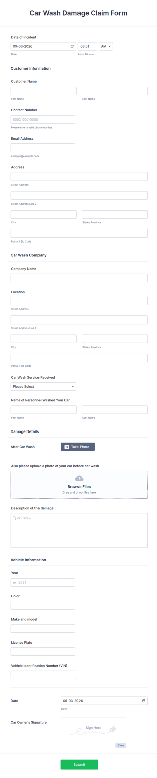 Car Wash Damage Claim Form Template