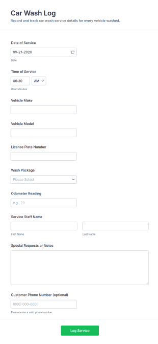 Car Wash Log Form Template