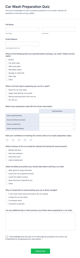Car Wash Preparation Quiz Form Template