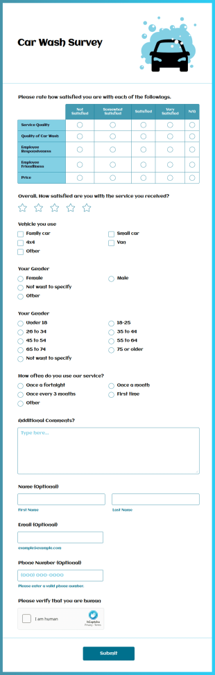 Car Wash Survey Form Template