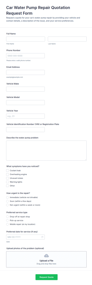 Car Water Pump Repair Quotation Request Form Template
