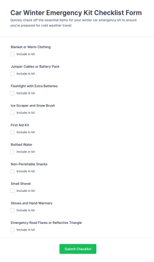 Car Winter Emergency Kit Checklist Form Template