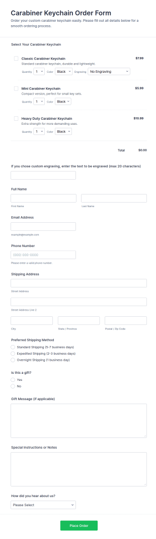 Carabiner Keychain Order Form Template