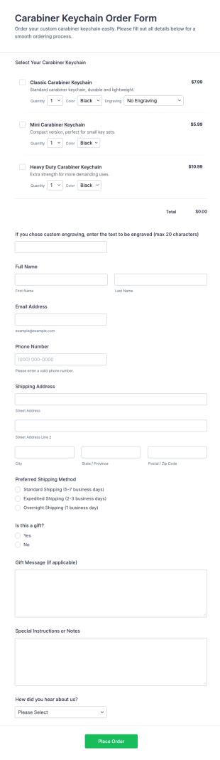 Carabiner Keychain Order Form Template