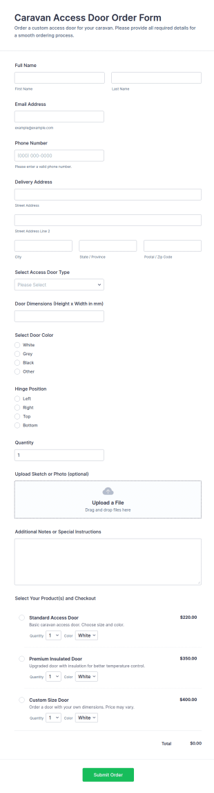 Caravan Access Door Order Form Template