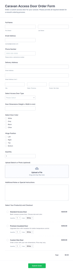 Caravan Access Door Order Form Template