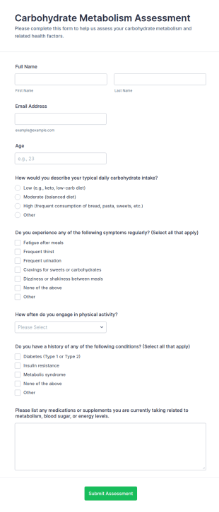 Carbohydrate Metabolism Assessment Form Template