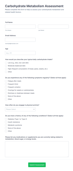 Carbohydrate Metabolism Assessment Form Template