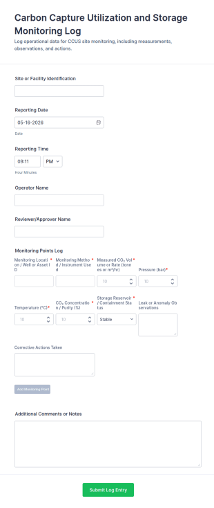 Carbon Capture Utilization And Storage Monitoring Log Form Template