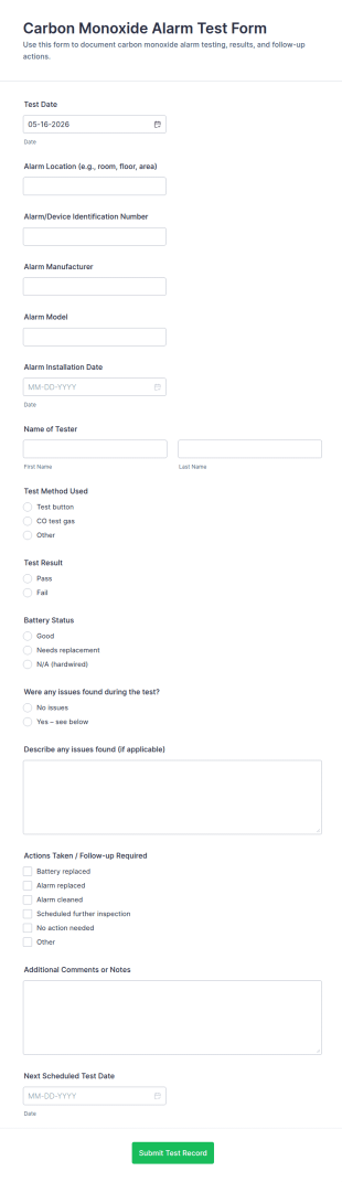Carbon Monoxide Alarm Test Form Template