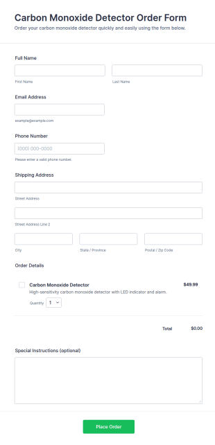 Carbon Monoxide Detector Order Form Template