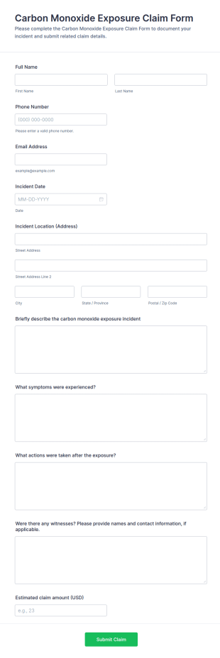 Carbon Monoxide Exposure Claim Form Template