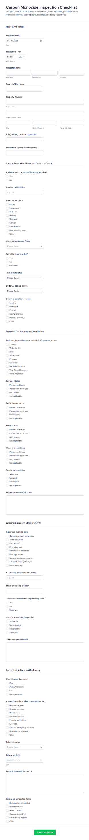 Carbon Monoxide Inspection Checklist Form Template