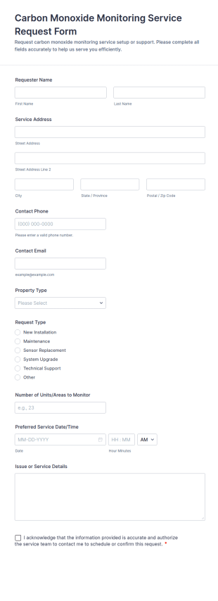 Carbon Monoxide Monitoring Service Request Form Template