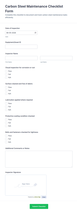 Carbon Steel Maintenance Checklist Form Template