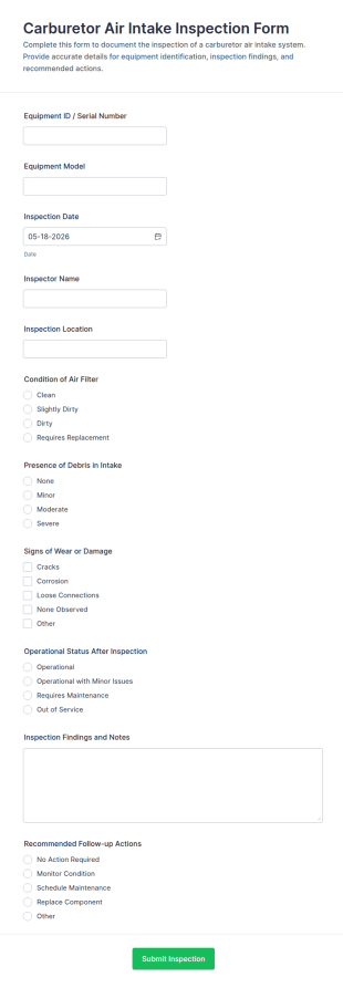 Carburetor Air Intake Inspection Form Template