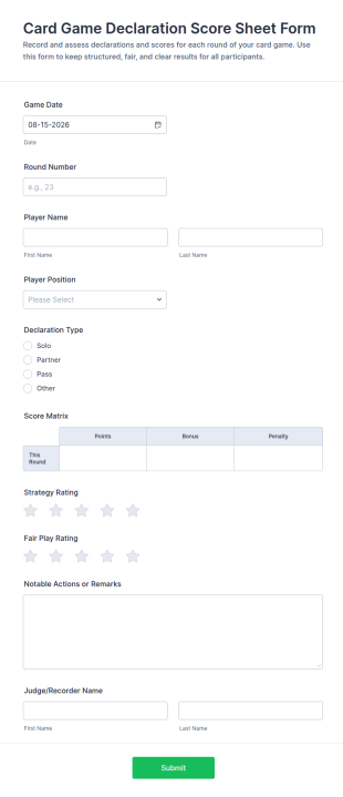 Card Game Declaration Score Sheet Form Template