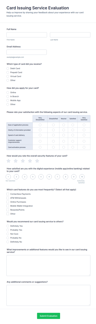 Card Issuing Service Evaluation Form Template