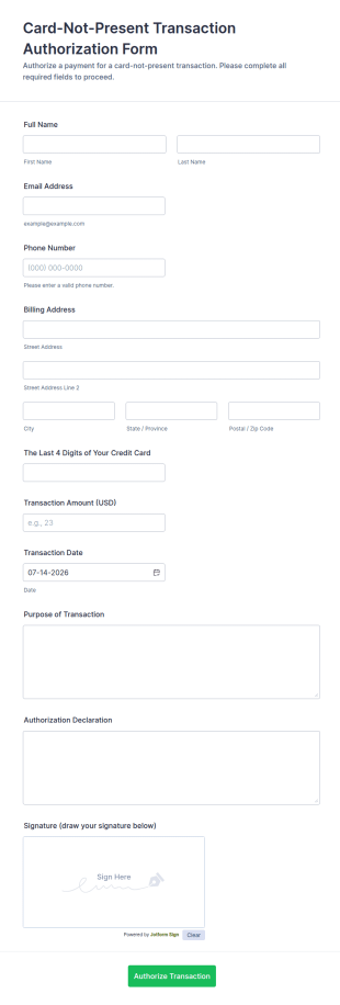 Card Not Present Transaction Authorization Form Template