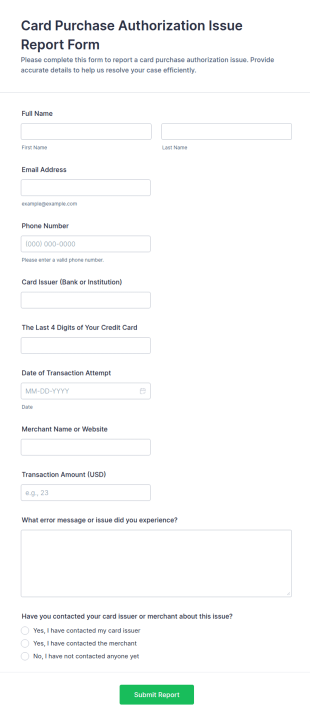 Card Purchase Authorization Issue Report Form Template