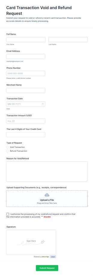 Card Transaction Void And Refund Request Form Template