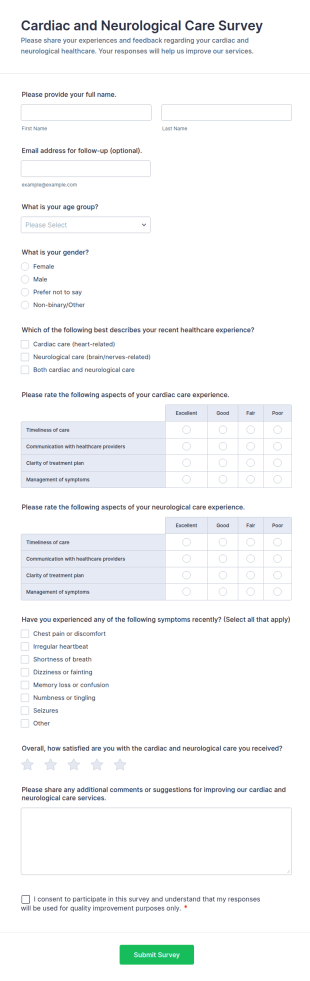 Cardiac And Neurological Care Survey Form Template