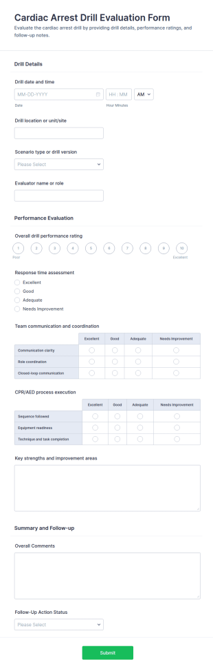 Cardiac Arrest Drill Evaluation Form Template