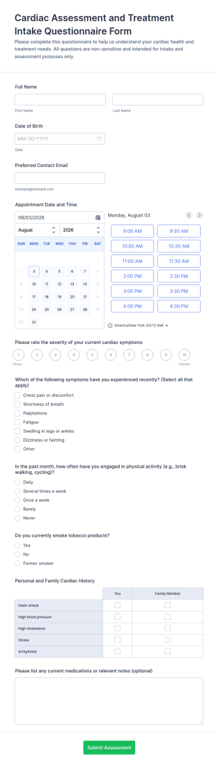 Cardiac Assessment And Treatment Intake Questionnaire Form Template