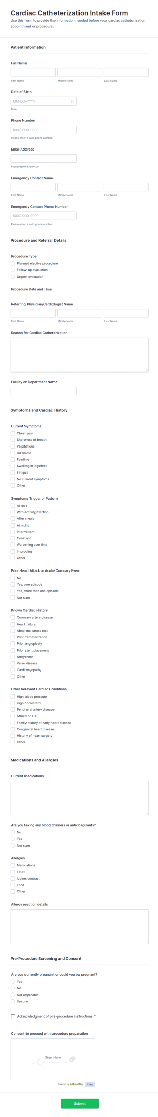 Cardiac Catheterization Intake Form Template