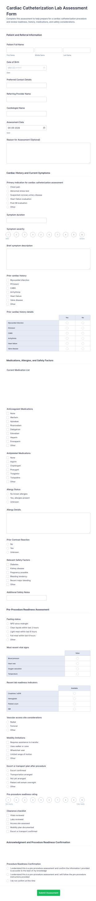 Cardiac Catheterization Lab Assessment Form Template