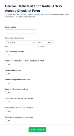 Cardiac Catheterization Radial Artery Access Checklist Form Template