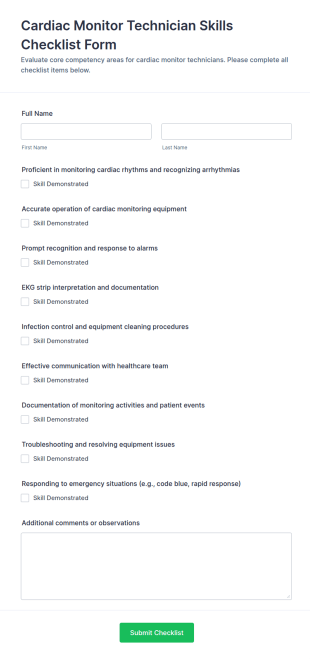 Cardiac Monitor Technician Skills Checklist Form Template
