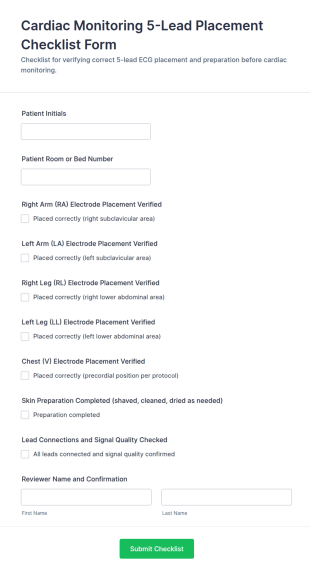 Cardiac Monitoring 5 Lead Placement Checklist Form Template