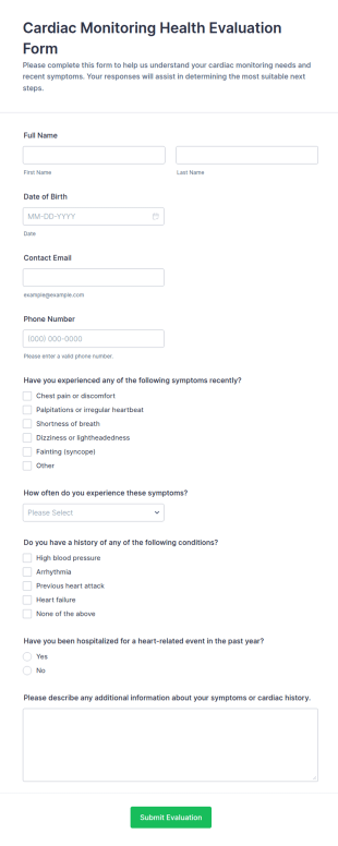 Cardiac Monitoring Health Evaluation Form Template