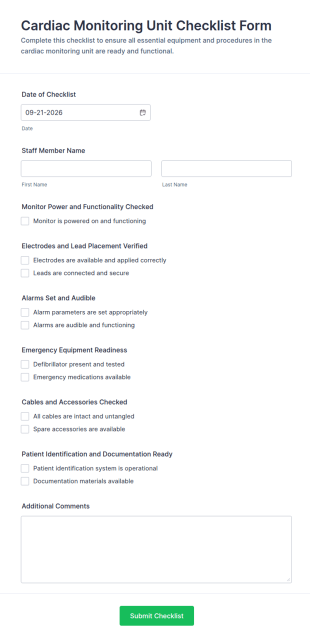 Cardiac Monitoring Unit Checklist Form Template