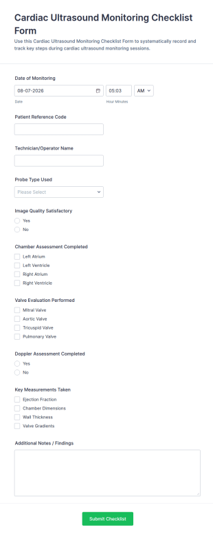 Cardiac Ultrasound Monitoring Checklist Form Template