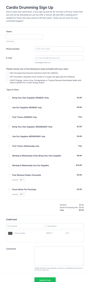 Cardio Drumming Class Sign Up Form Template