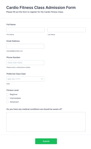 Cardio Fitness Class Admission Form Template